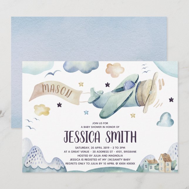 Watercolor Aeroplane Baby Boy Shower Invitation (Front/Back)