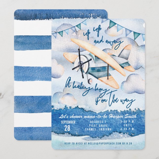 Watercolor Aeroplane Baby Boy Shower Invitation (Front/Back)