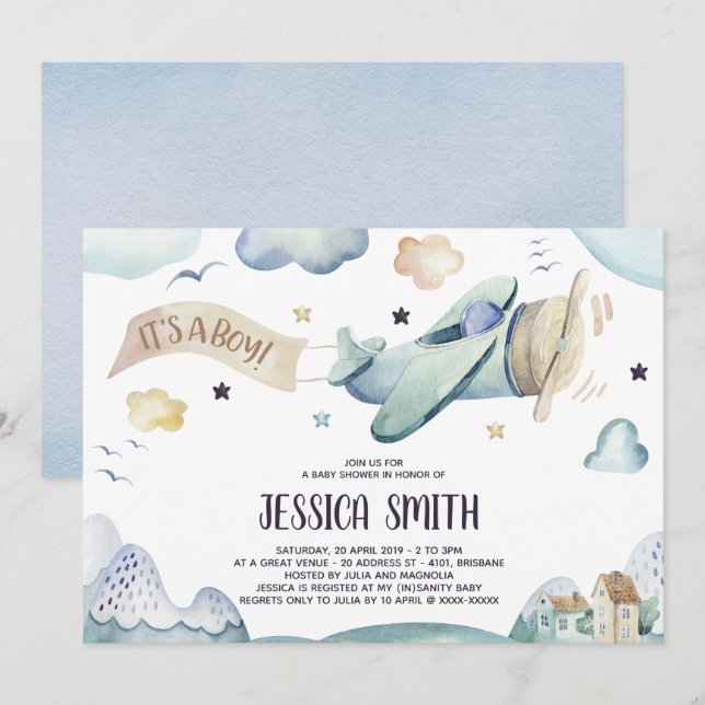 Watercolor Aeroplane Baby Boy Shower Invitation (Front/Back)