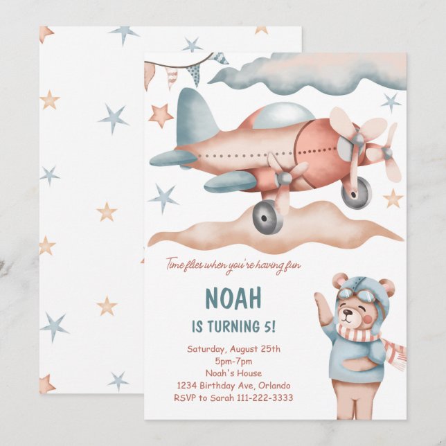 Watercolor Aeroplane Bear Birthday Invitation (Front/Back)