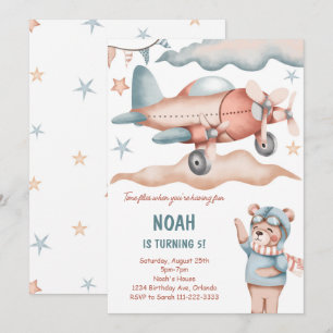 Watercolor Aeroplane Bear Birthday Invitation