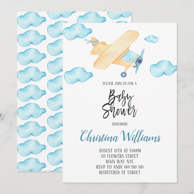 Watercolor Aeroplane Boy Baby Shower Blue Invitation (Front/Back)