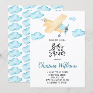 Watercolor Aeroplane Boy Baby Shower Blue Invitation