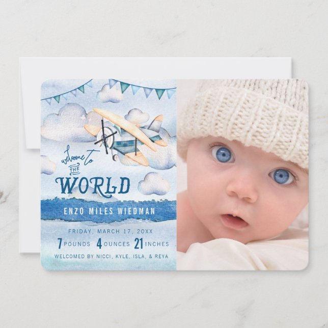 Watercolor Aeroplane Boy Birth Announcements (Front)