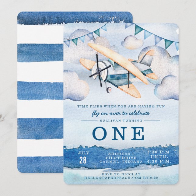 Watercolor Aeroplane Boy Birthday Party Invitation (Front/Back)