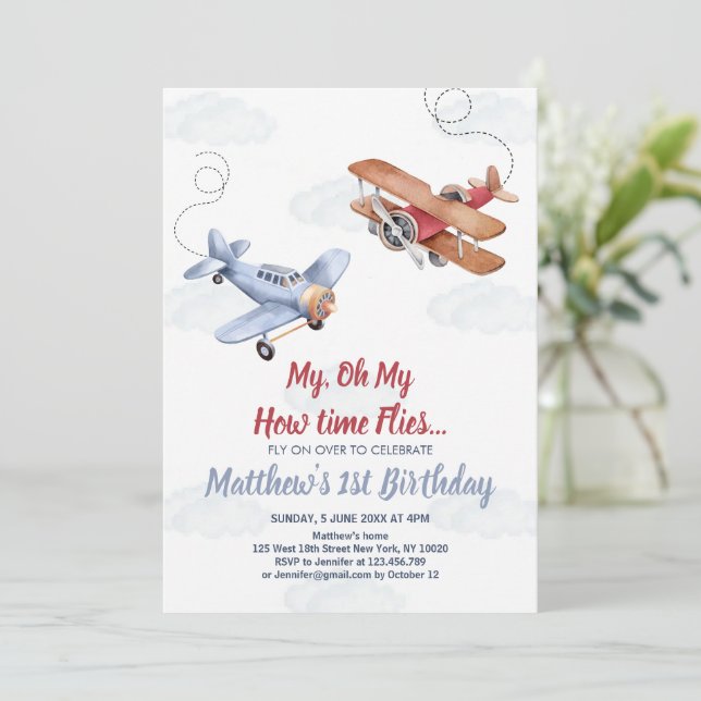 Watercolor Aeroplane Clouds Boy 1st Birthday Invitation (Standing Front)