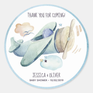 Watercolor Aeroplane Party in Blue Classic Round Sticker
