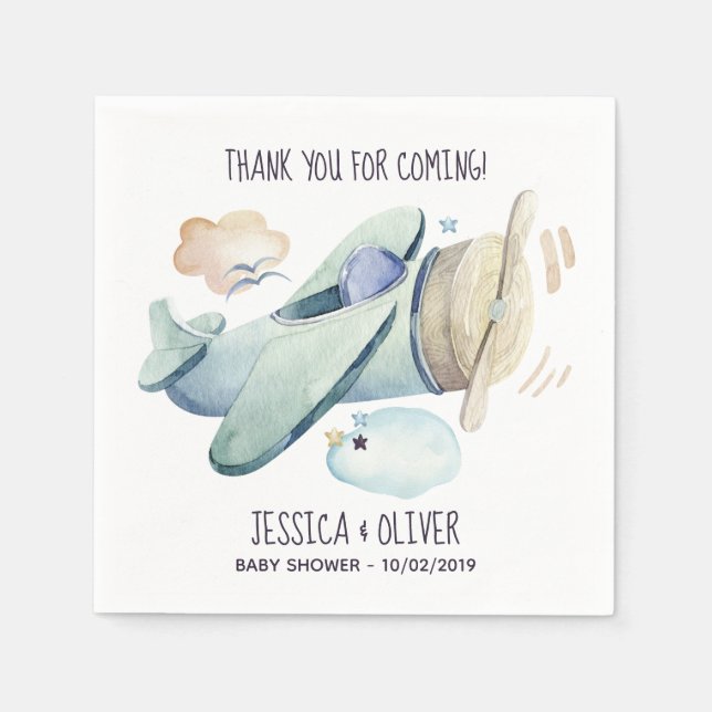Watercolor Aeroplane Party in Blue Napkin (Front)
