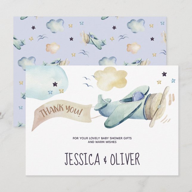 Watercolor Aeroplane Party in Blue Thank You Card (Front/Back)