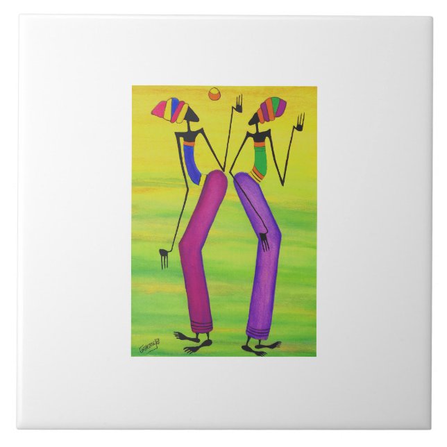 Watercolor, African art Sun Party  Tile (Front)