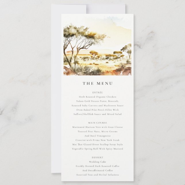 Watercolor African Landscape Wedding Menu Card (Front)