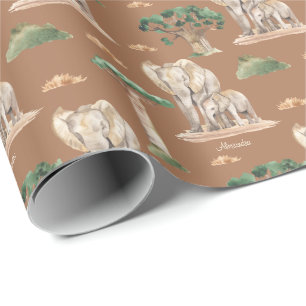 Watercolor African Mummy and Baby Elephant Pattern Wrapping Paper