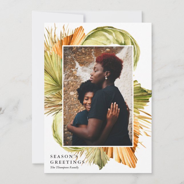 Watercolor African Palms Season's Greetings Photo Holiday Card (Front)