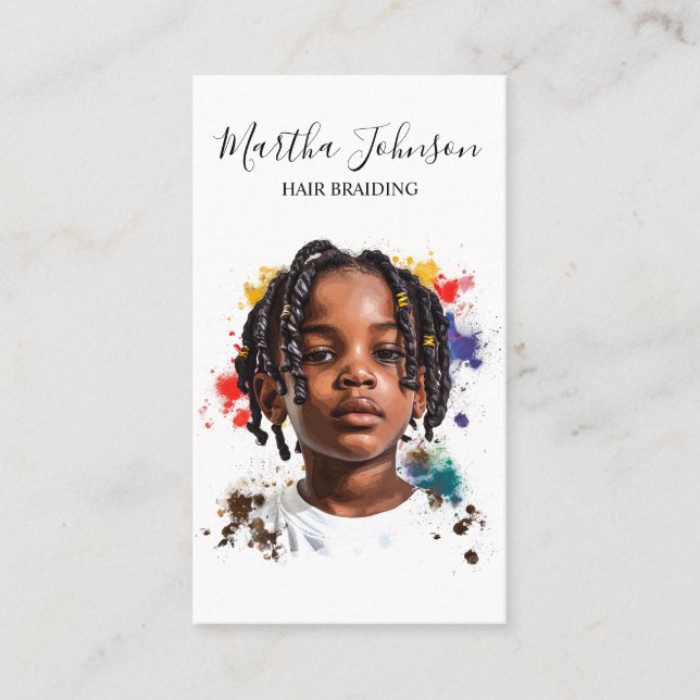 Watercolor Afro American Braids Braiding QR Code Business Card (Front)
