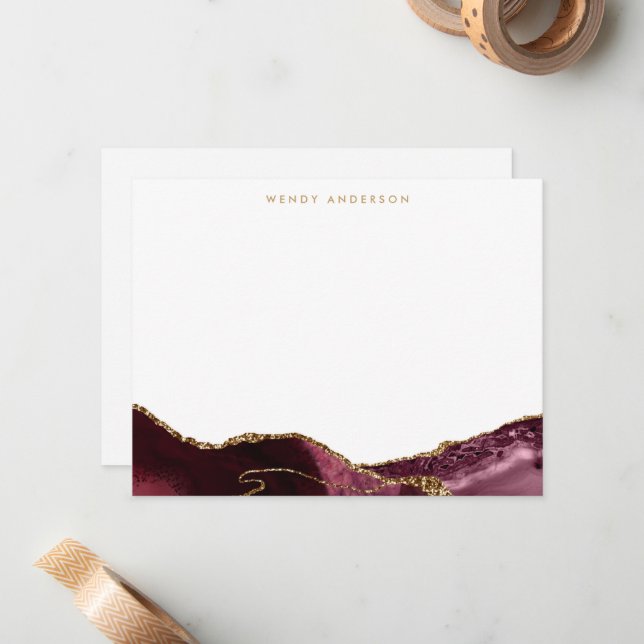 Watercolor Agate Burgundy Red Gold Glitter Marble Card (Front/Back In Situ)