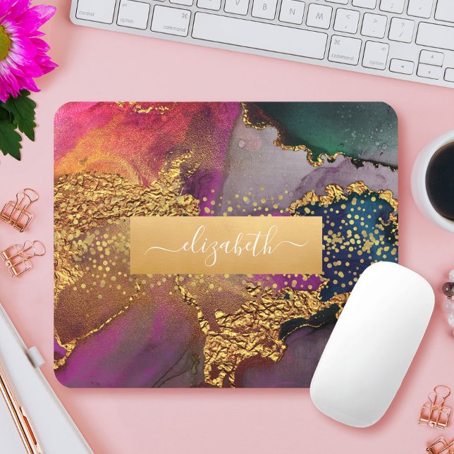 Watercolor agate gold purple blue monogram name mouse mat (Creator Uploaded)