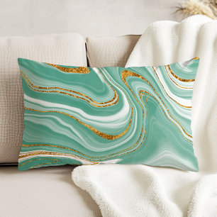 Watercolor Agate Mint Green Gold Faux Glitter Decorative Cushion