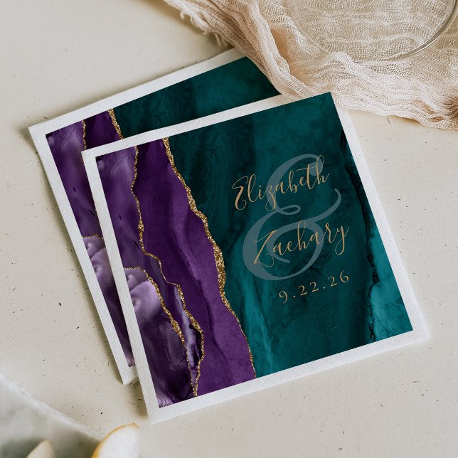 Watercolor Agate Script Purple Gold Teal Wedding Napkin (Creator Uploaded)
