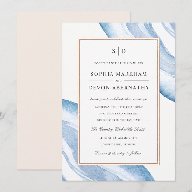 Watercolor Agate Slice Wedding Invite | Blue (Front/Back)