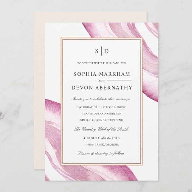 Watercolor Agate Slice Wedding Invite | Mauve Pink (Front/Back)
