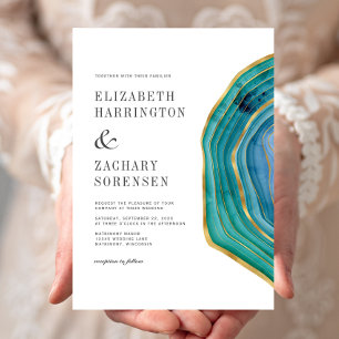 Watercolor Agate Teal Gold Wedding Invitation