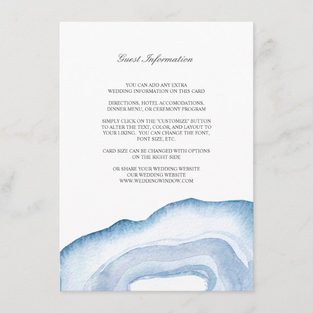 Watercolor Agate Wedding Insert Card | Blue (Front)