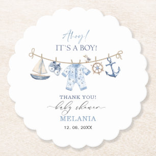 Watercolor ahoy it is a boy baby shower Paper Coaster