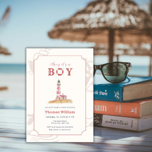 Watercolor Ahoy Nautical Lighthouse Baby Shower Invitation