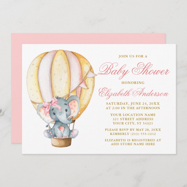 Watercolor Air Balloon Baby Shower Elephant Bow Invitation (Front/Back)