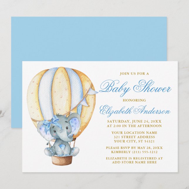 Watercolor Air Balloon Elephant Bow Baby Shower Invitation (Front/Back)