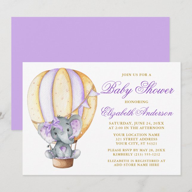 Watercolor Air Balloon Elephant Purple Baby Shower Invitation (Front/Back)