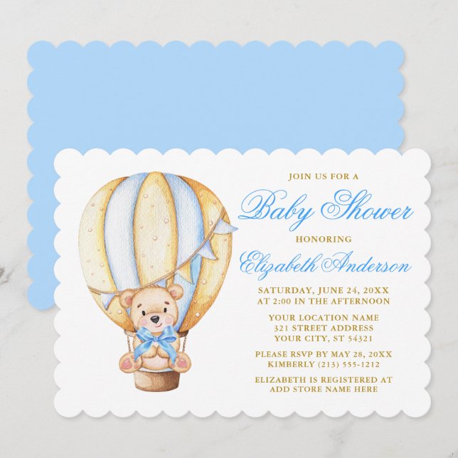 Watercolor Air Balloon Teddy Bear Blue Baby Shower Invitation (Front/Back)