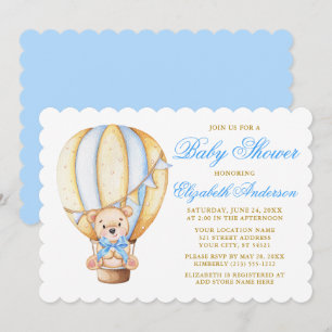 Watercolor Air Balloon Teddy Bear Blue Baby Shower Invitation