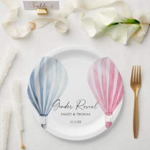 Watercolor Air Balloons Gender Reveal Paper Plate