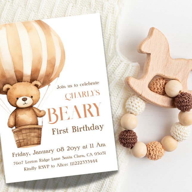 Watercolor Airballoon Beary First 1st Birthday Invitation (Creator Uploaded)