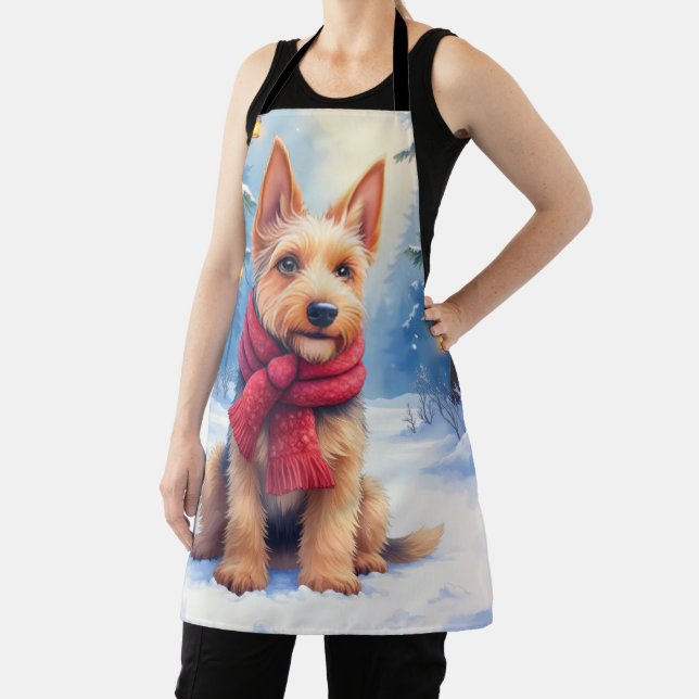 Watercolor Airedale Terrier Snowy Christmas Apron (Insitu)