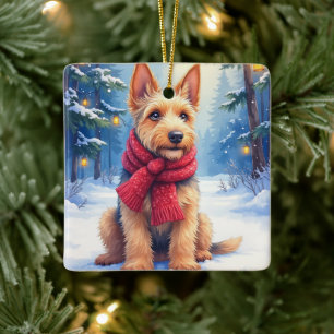 Watercolor Airedale Terrier Snowy Christmas Ceramic Ornament