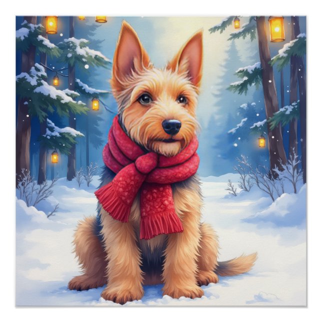 Watercolor Airedale Terrier Snowy Christmas Poster (Front)