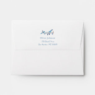 Watercolor Airplane Blue stripe Return address Envelope