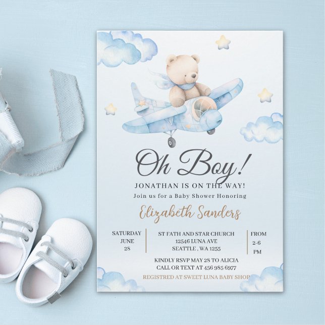 Watercolor Airplane Teddy Bear Baby Shower Invitation (Creator Uploaded)