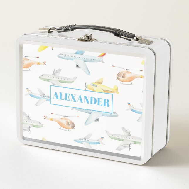 Watercolor Airplanes, Helicopters and Planes Metal Lunch Box (Front)