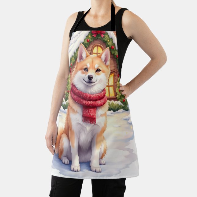 Watercolor Akita Gingerbread House Christmas  Apron (Insitu)