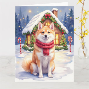 Watercolor Akita Gingerbread House Christmas  Card