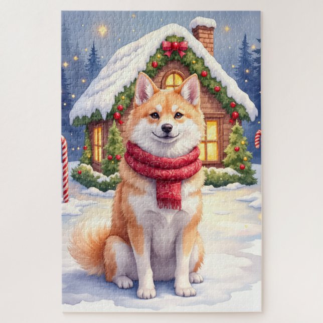 Watercolor Akita Gingerbread House Christmas  Jigsaw Puzzle (Vertical)