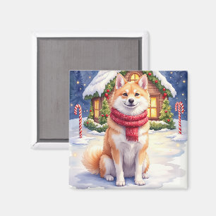 Watercolor Akita Gingerbread House Christmas  Magnet