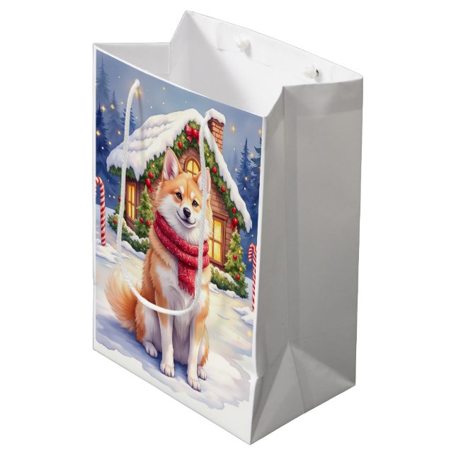 Watercolor Akita Gingerbread House Christmas  Medium Gift Bag (Front Angled)