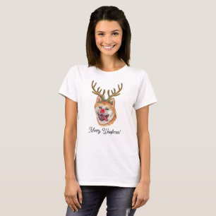 Watercolor Akita Inu Reindeer Christmas T-Shirt
