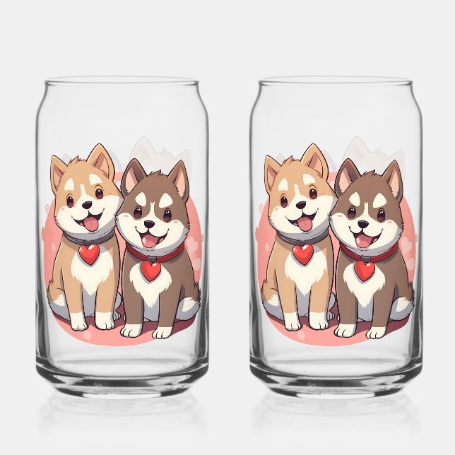 Watercolor Akita Puppies Can Glass (Front)