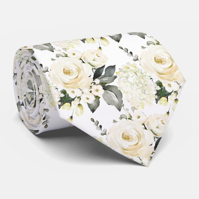 Watercolor Alabaster Roses Peonies Hydrangeas Neck Tie (Rolled)