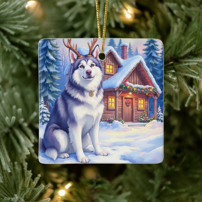 Watercolor Alaskan Malamute Reindeer Christmas Ceramic Ornament (Tree)